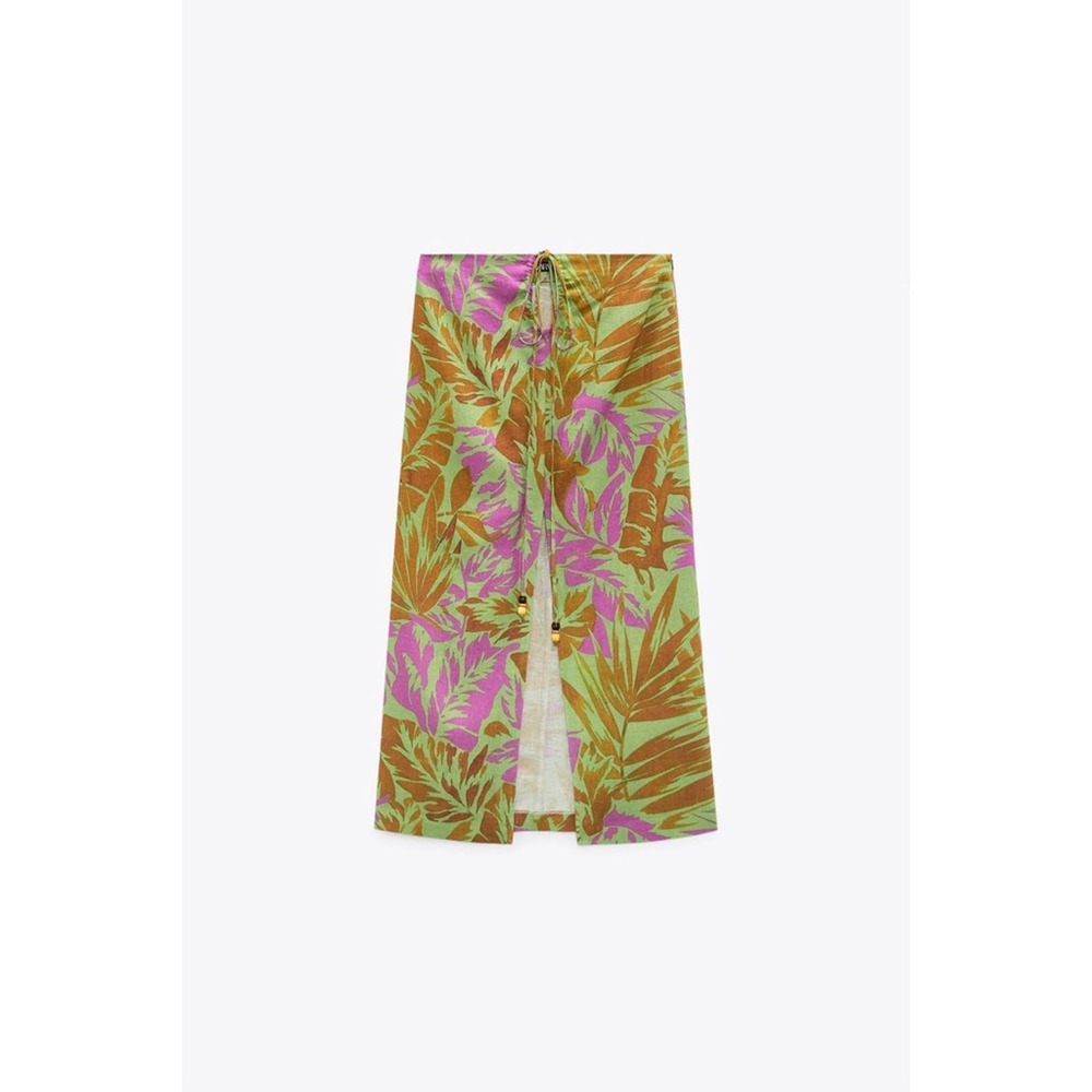 Zara Green Pink Tropical Print Midi Skirt